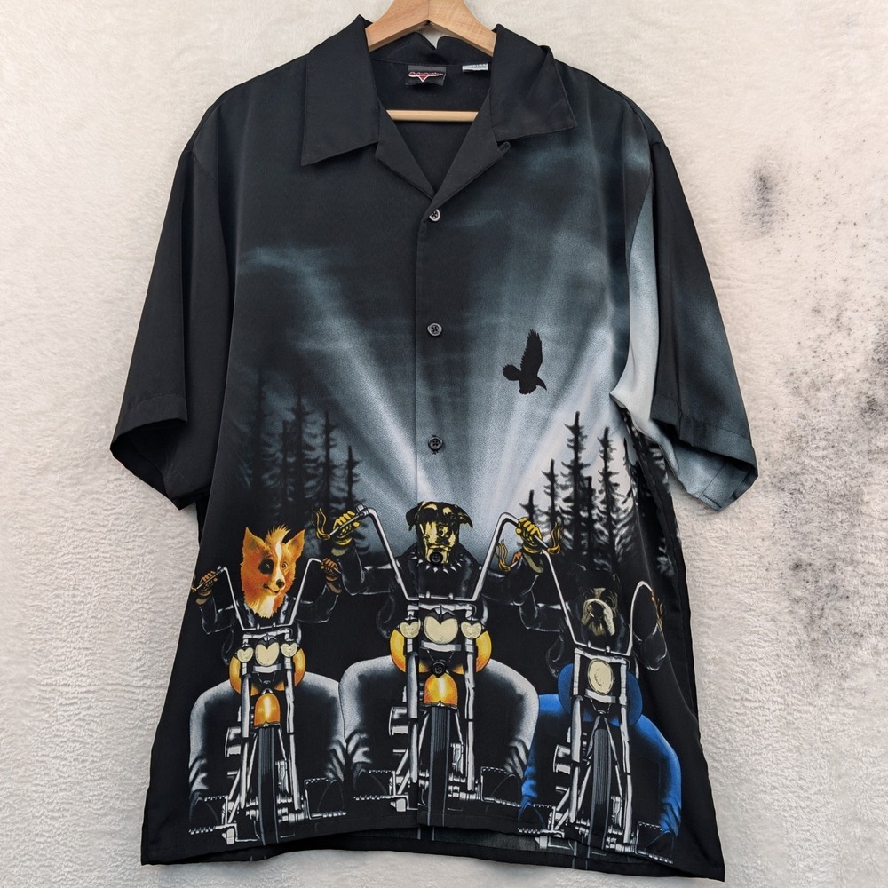 VTG Harley-Davidson Cafe Shirt Men's L Black Button Down Biker Dog Chopper Y2K